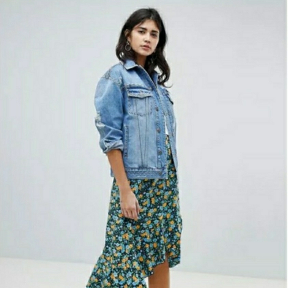 Free People Light Blue Studded Distressed Trucker Jean Jacket